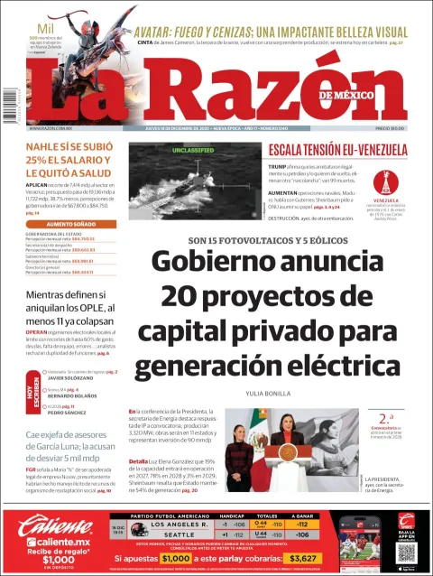 Portada de La Razon del jueves, 18 de diciembre de 2025