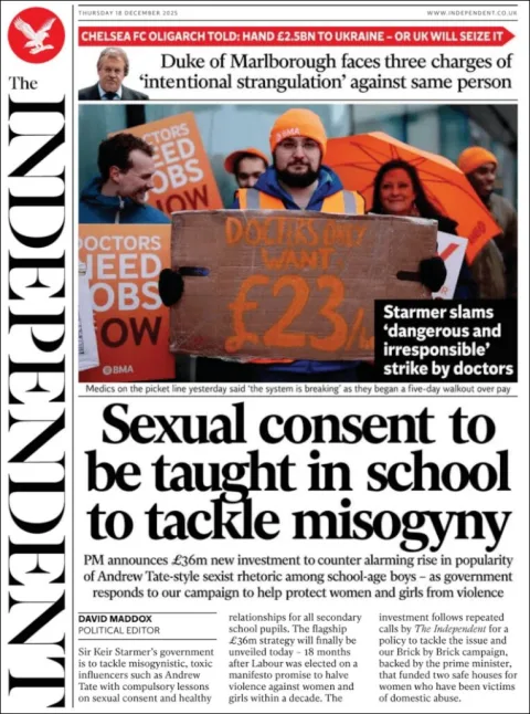 Portada de The Independent del jueves, 18 de diciembre de 2025