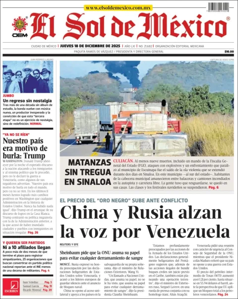 Portada de El Sol de Mexico del jueves, 18 de diciembre de 2025