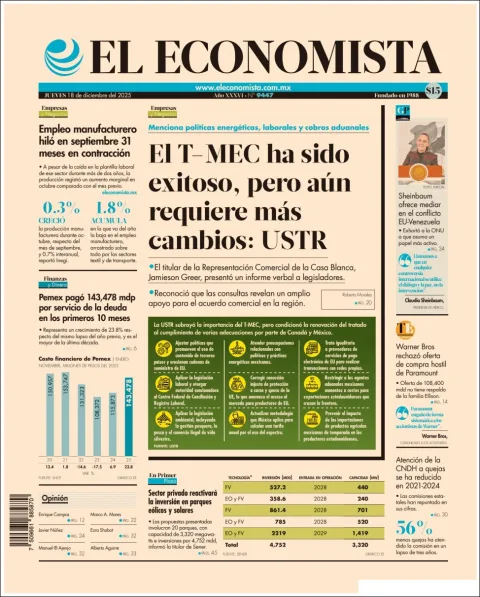 Portada de El Economista del jueves, 18 de diciembre de 2025