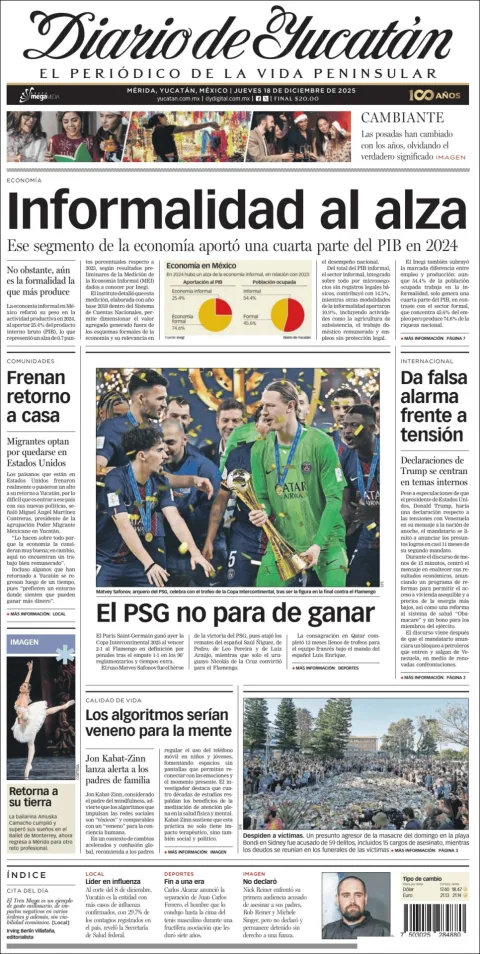 Portada de Diario de Yucatán del jueves, 18 de diciembre de 2025