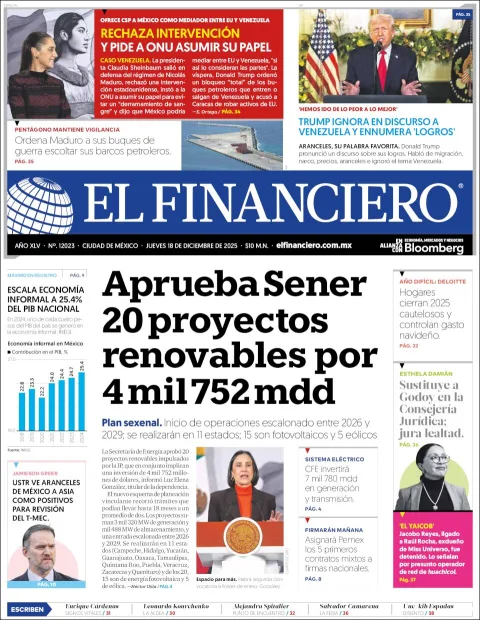Portada de El Financiero del jueves, 18 de diciembre de 2025