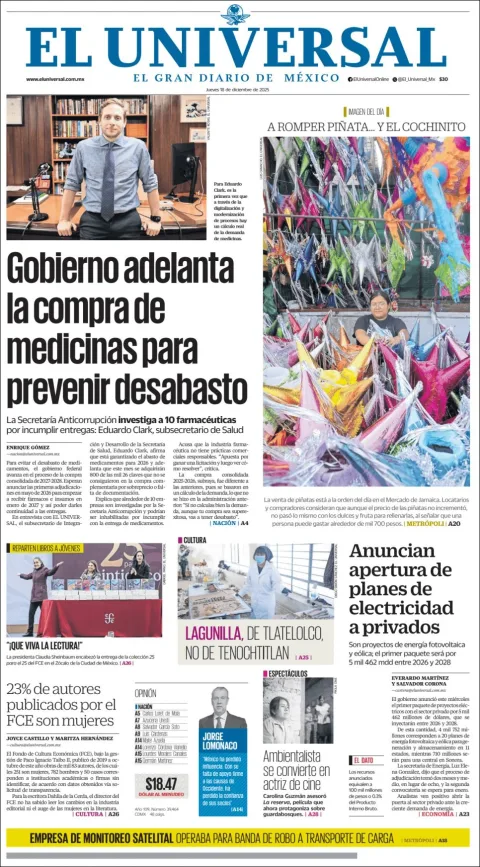 Portada de El Universal del jueves, 18 de diciembre de 2025