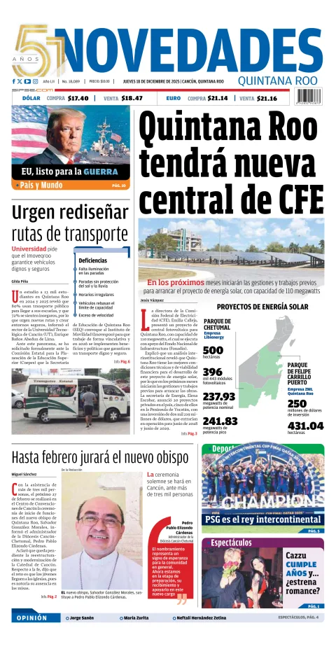 Portada de Novedades Quintana Roo del jueves, 18 de diciembre de 2025
