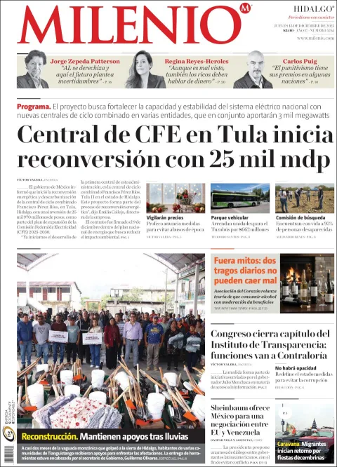 Portada de Milenio Hidalgo del jueves, 18 de diciembre de 2025