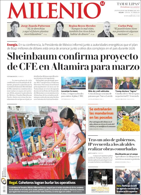 Portada de Milenio Tamaulipas del jueves, 18 de diciembre de 2025