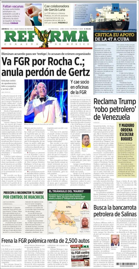 Portada de Reforma del jueves, 18 de diciembre de 2025