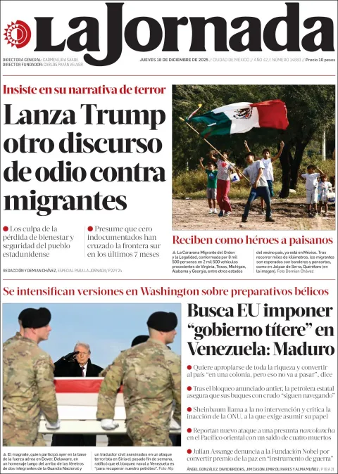Portada de La Jornada del jueves, 18 de diciembre de 2025
