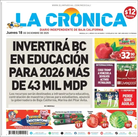 Portada de La Cronica del jueves, 18 de diciembre de 2025