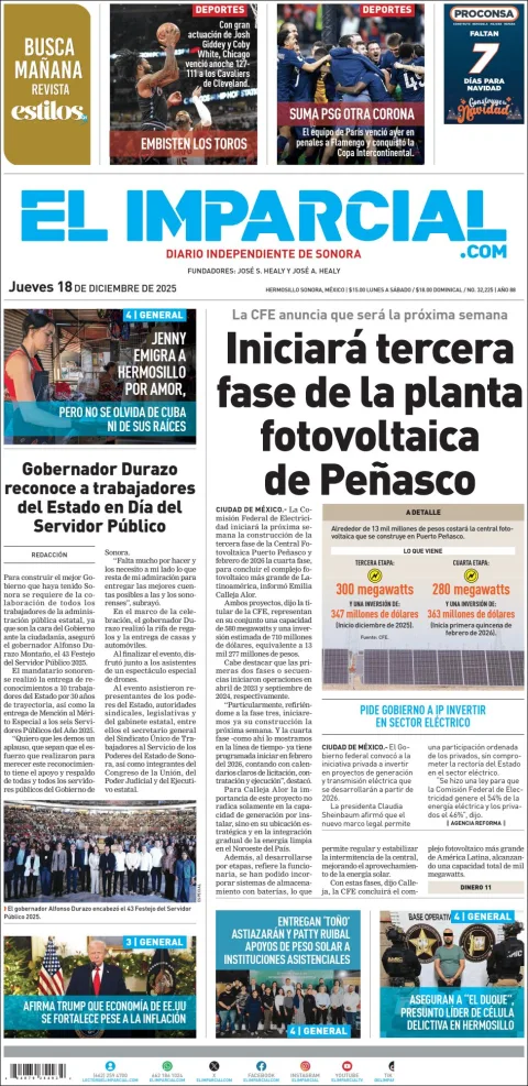 Portada de El Imparcial del jueves, 18 de diciembre de 2025