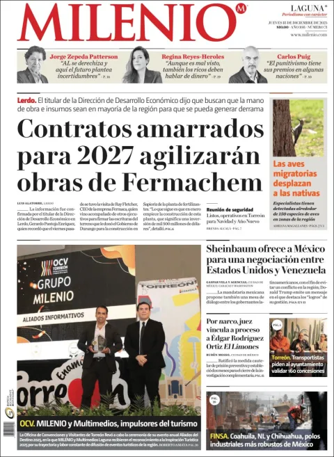 Portada de Milenio Laguna del jueves, 18 de diciembre de 2025