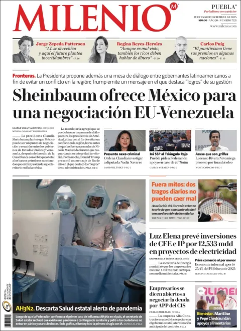 Portada de Milenio Puebla del jueves, 18 de diciembre de 2025