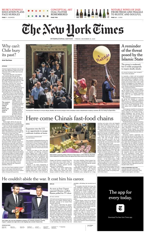 Portada de The New York Times (international) del viernes, 19 de diciembre de 2025