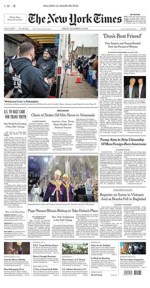Portada de The New York Times (new York) del viernes, 19 de diciembre de 2025