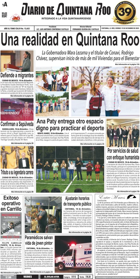 Portada de Diario de Quintana Roo (portada) del viernes, 19 de diciembre de 2025