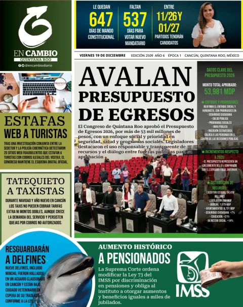 Portada de En Cambio - Quintana Roo (portada) del viernes, 19 de diciembre de 2025