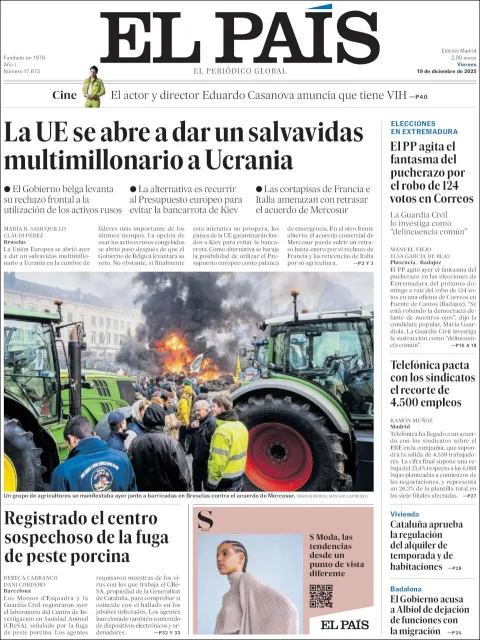 Portada de El Pais del viernes, 19 de diciembre de 2025