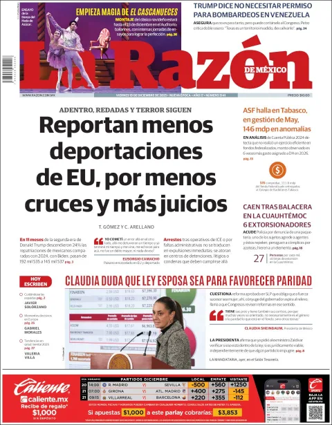 Portada de La Razon del viernes, 19 de diciembre de 2025