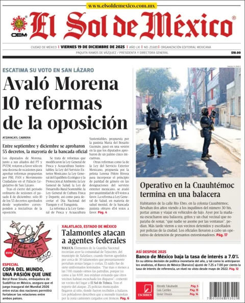 Portada de El Sol de Mexico del viernes, 19 de diciembre de 2025