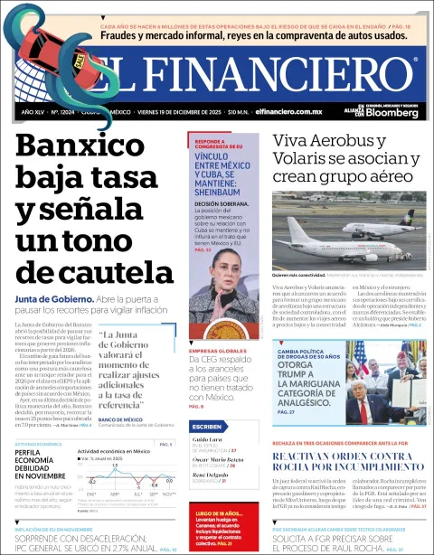 Portada de El Financiero del viernes, 19 de diciembre de 2025