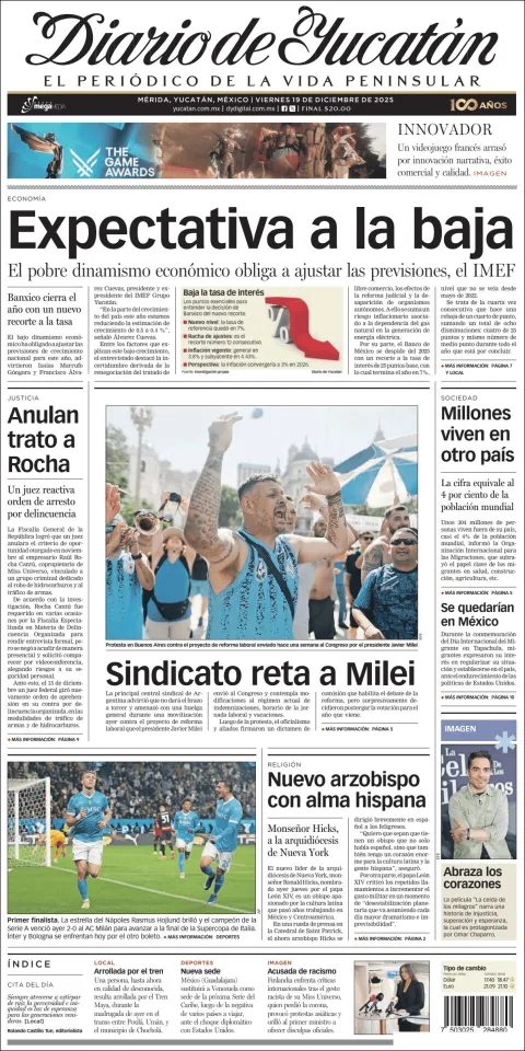 Portada de Diario de Yucatán del viernes, 19 de diciembre de 2025