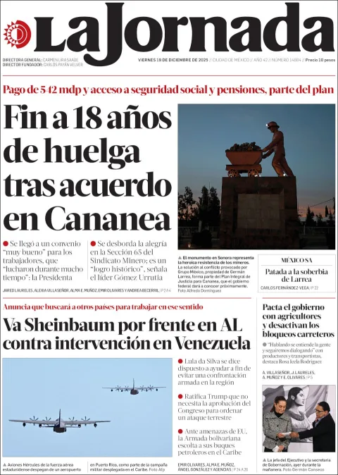 Portada de La Jornada del viernes, 19 de diciembre de 2025
