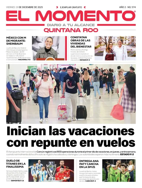 Portada de El Momento Quintana Roo del viernes, 19 de diciembre de 2025