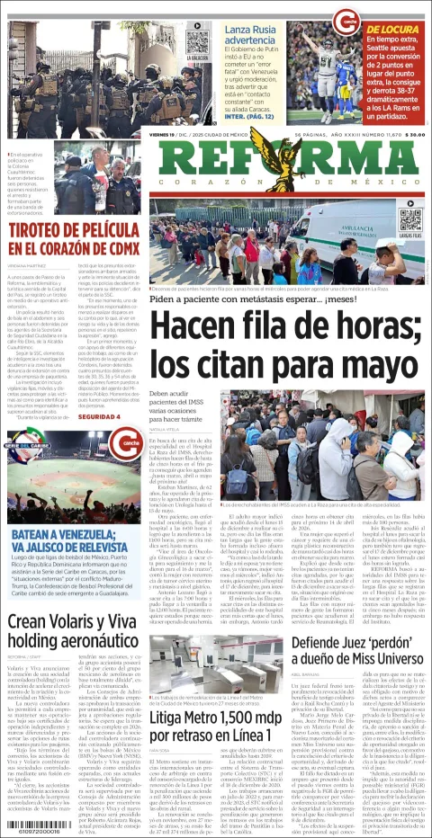Portada de Reforma del viernes, 19 de diciembre de 2025