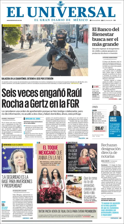 Portada de El Universal del viernes, 19 de diciembre de 2025