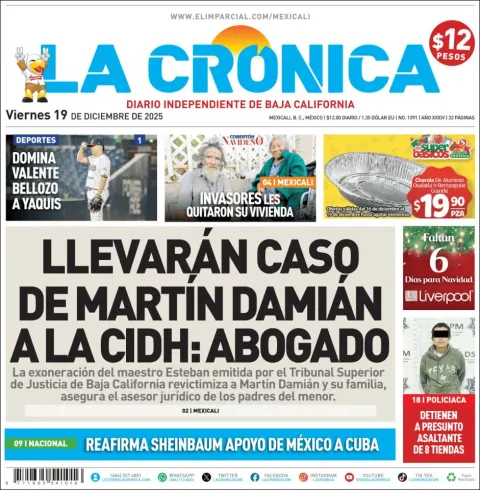 Portada de La Cronica del viernes, 19 de diciembre de 2025