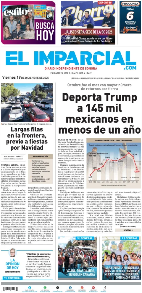 Portada de El Imparcial del viernes, 19 de diciembre de 2025