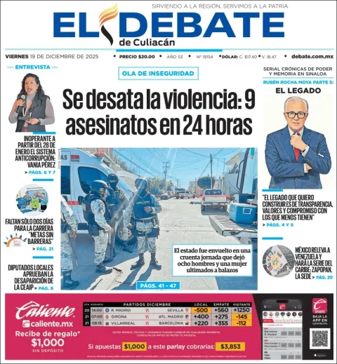 Portada de El Debate de Culiacan del viernes, 19 de diciembre de 2025