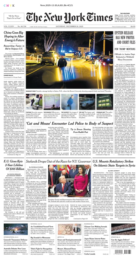 Portada de The New York Times (new York) del sábado, 20 de diciembre de 2025