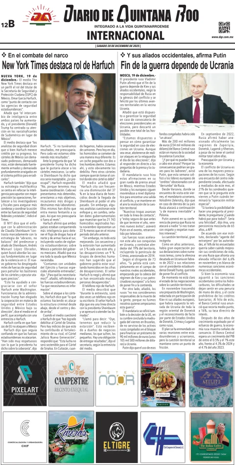 Portada de Diario de Quintana Roo (contra Portada) del sábado, 20 de diciembre de 2025