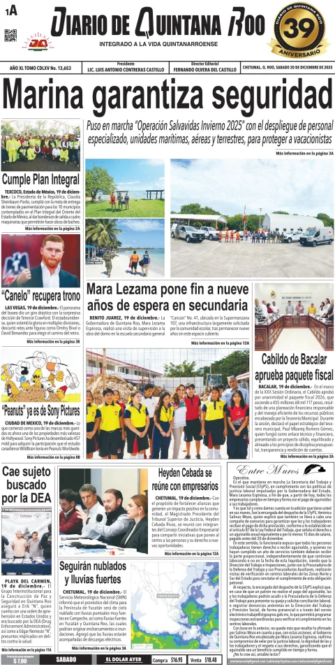 Portada de Diario de Quintana Roo (portada) del sábado, 20 de diciembre de 2025