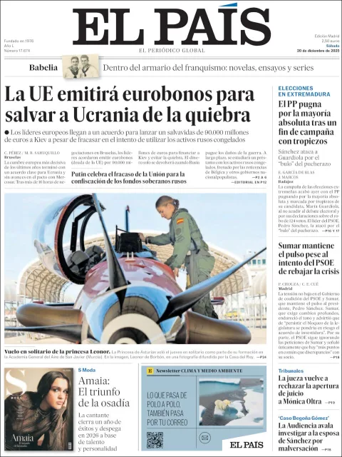 Portada de El Pais del sábado, 20 de diciembre de 2025