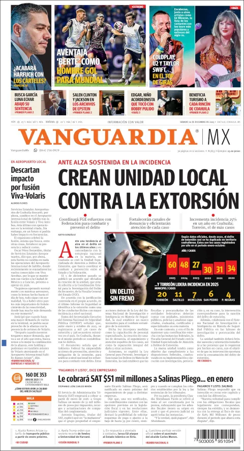 Portada de Vanguardia del sábado, 20 de diciembre de 2025