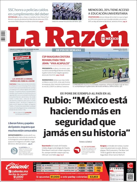 Portada de La Razon del sábado, 20 de diciembre de 2025