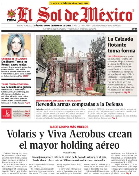 Portada de El Sol de Mexico del sábado, 20 de diciembre de 2025