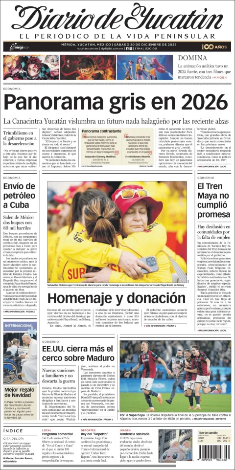 Portada de Diario de Yucatán del sábado, 20 de diciembre de 2025