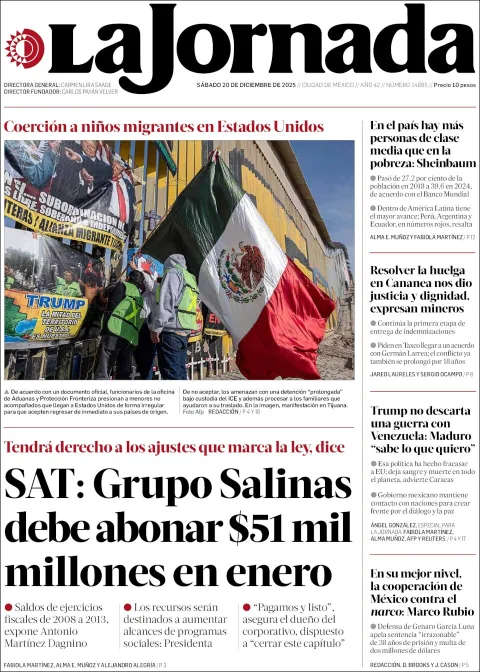 Portada de La Jornada del sábado, 20 de diciembre de 2025