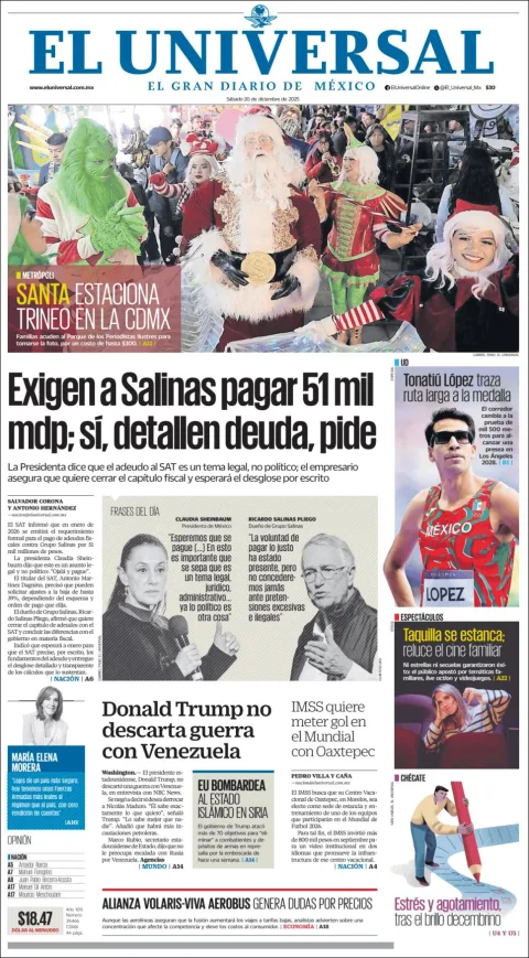 Portada de El Universal del sábado, 20 de diciembre de 2025