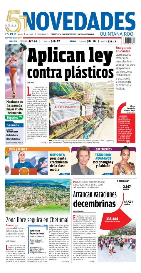 Portada de Novedades Quintana Roo del sábado, 20 de diciembre de 2025