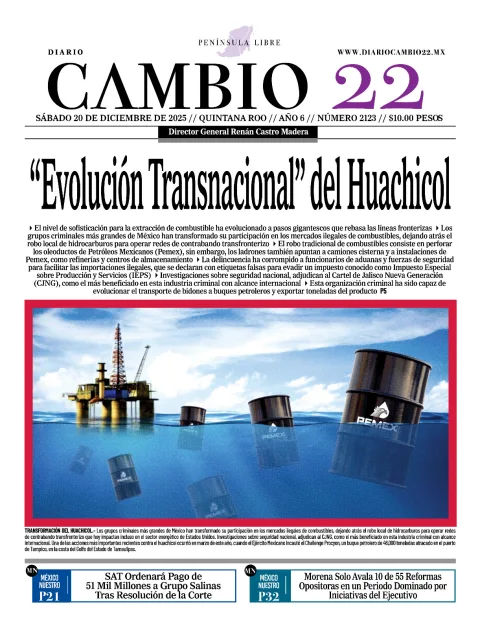 Portada de Diario Cambio 22 (contraportada) del sábado, 20 de diciembre de 2025