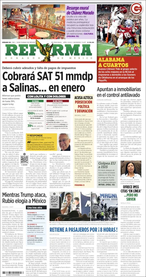 Portada de Reforma del sábado, 20 de diciembre de 2025