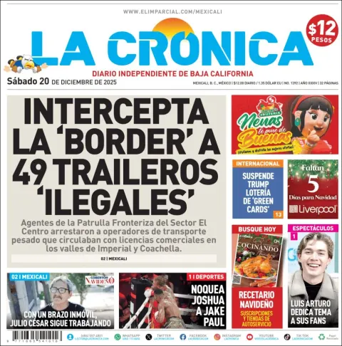 Portada de La Cronica del sábado, 20 de diciembre de 2025