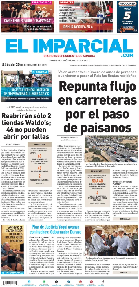Portada de El Imparcial del sábado, 20 de diciembre de 2025