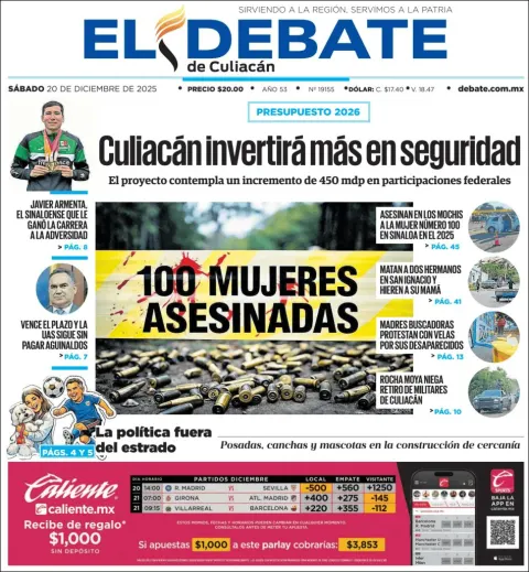 Portada de El Debate de Culiacan del sábado, 20 de diciembre de 2025