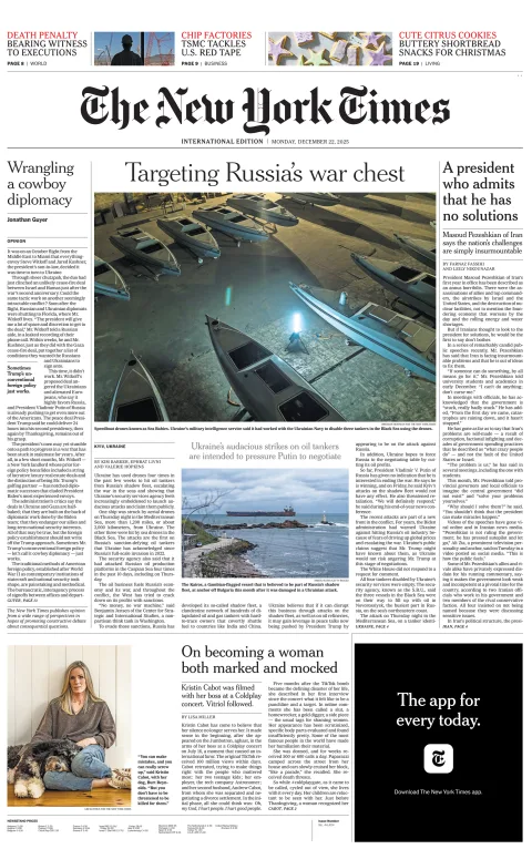 Portada de The New York Times (international) del lunes, 22 de diciembre de 2025