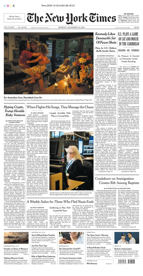 Portada de The New York Times (new York) del lunes, 22 de diciembre de 2025